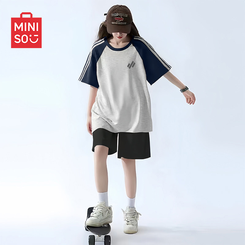 名创优品休闲运动套装女2026新款纯棉短袖短裤初中生夏季两件套D