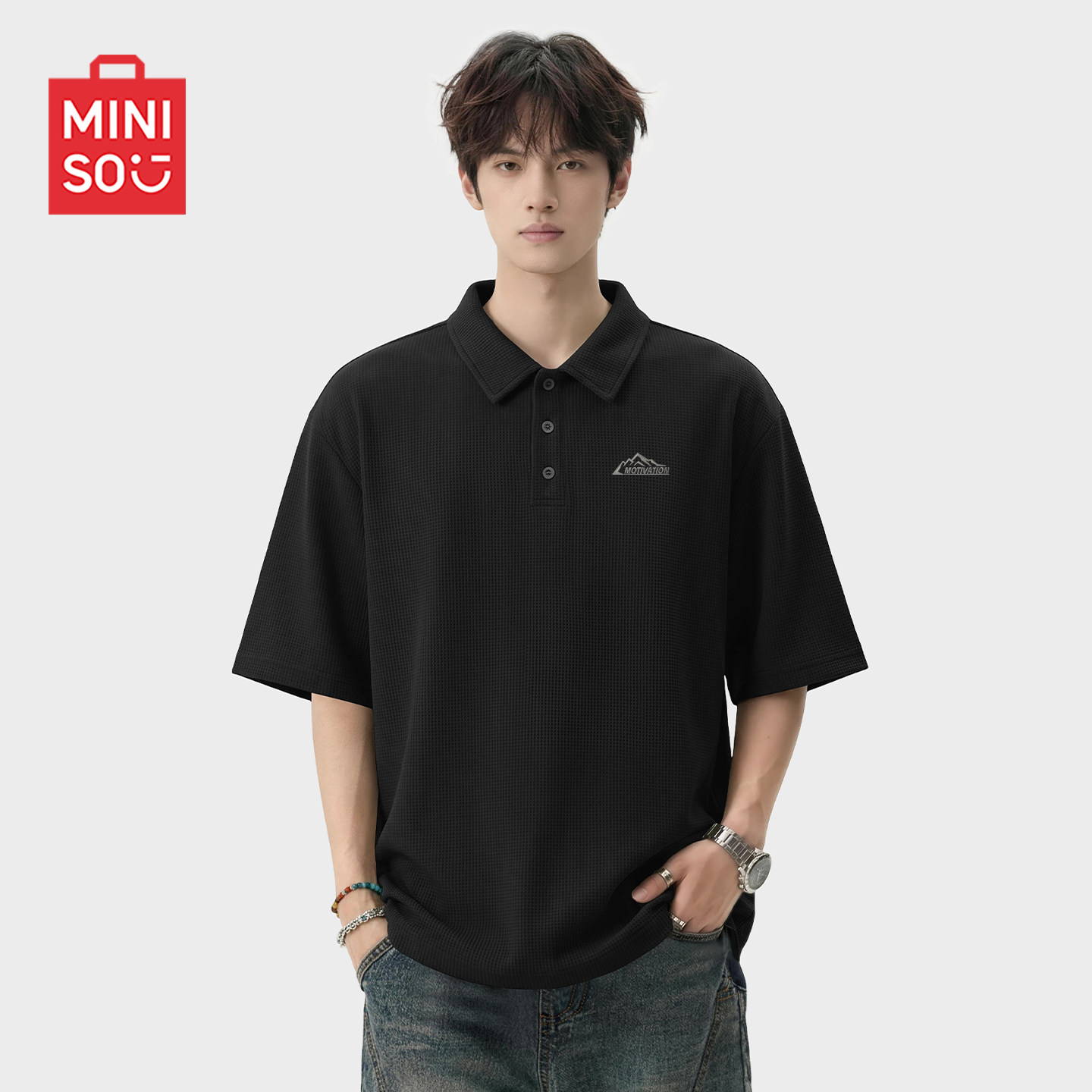 MINISO/名创优品华夫格POLO衫男夏季青少年美式透气运动休闲短袖Y