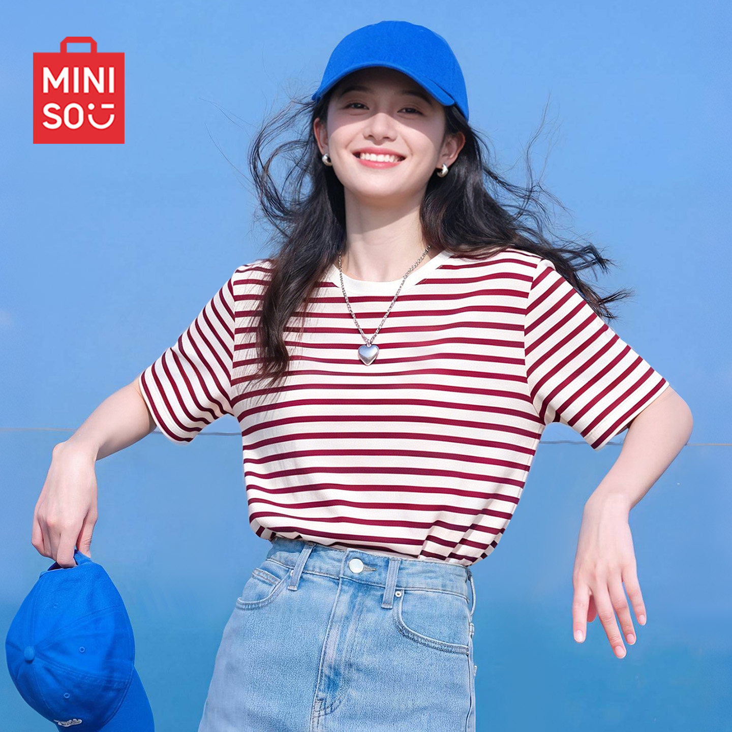 名创优品条纹短袖t恤女2026新款纯棉五分袖红色上衣胖mm大码女装D