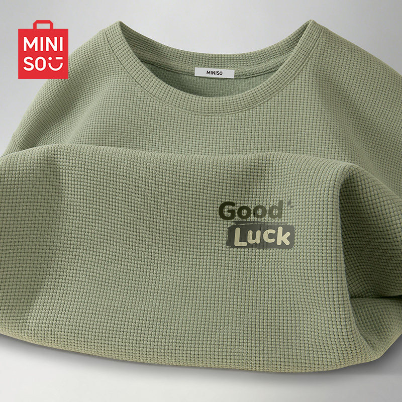 MINISO/名创优品短袖男夏季美式chic绿色字母体恤重磅华夫格t恤A