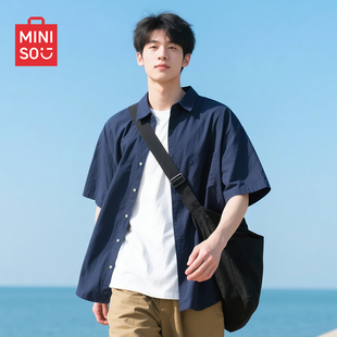 外套冰丝凉感衬衣A 休闲短袖 名创优品衬衫 男夏天户外海边度假美式