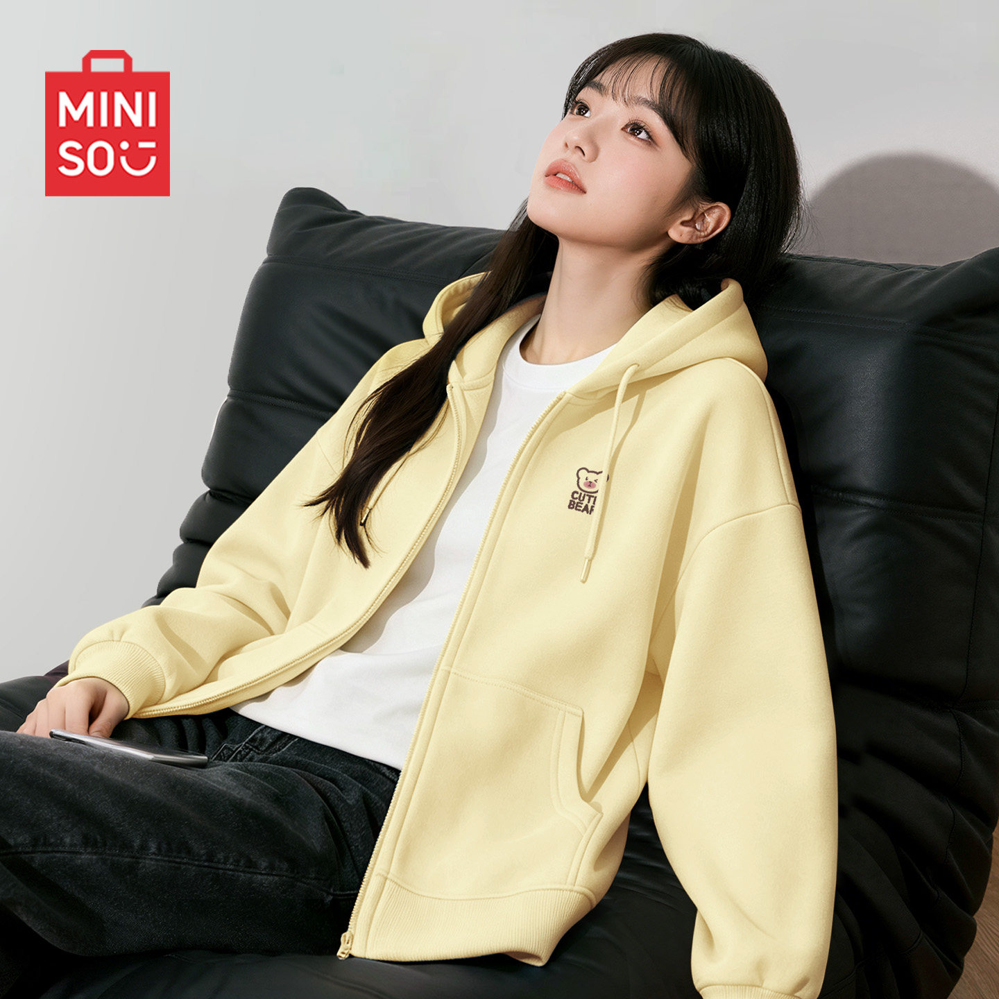 名创优品黄色外套女早秋女装连帽宽松上衣女生2026巨好看的卫衣D
