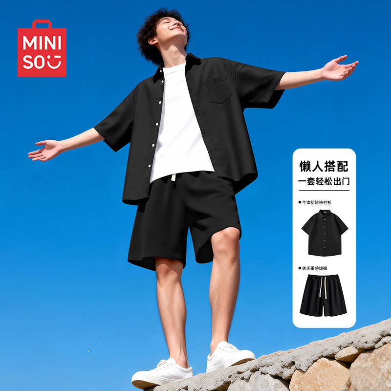 名创优品黑色运动套装男夏季短袖衬衫短裤青少年痞帅休闲一整套A