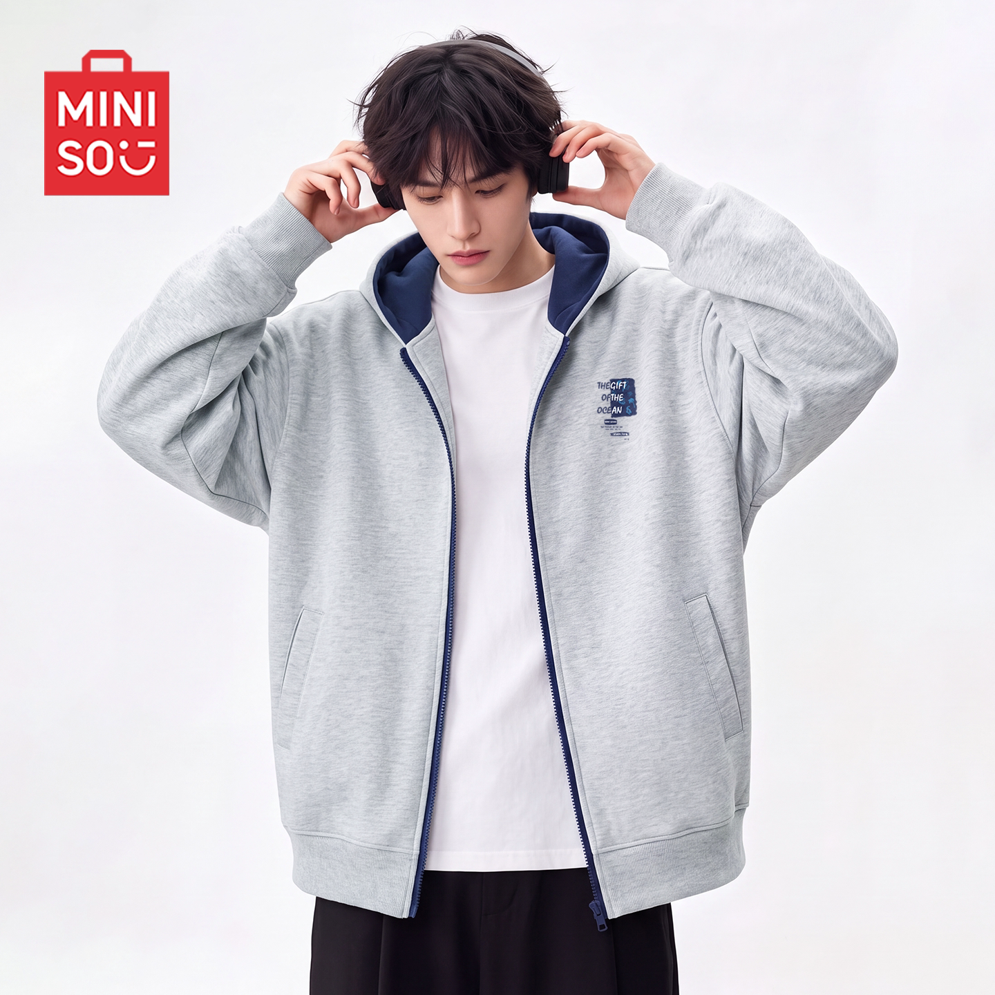 MINISO/名创优品撞色连帽开衫卫衣男款秋季2026新款休闲运动外套Y