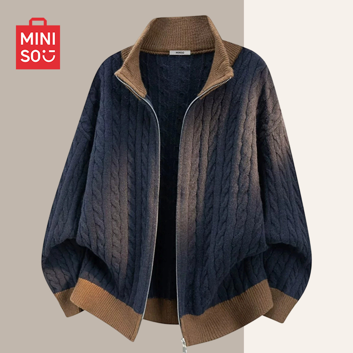 MINISO/名创优品绞花开衫毛衣男冬季撞色针织衫加绒加厚重磅外套Y