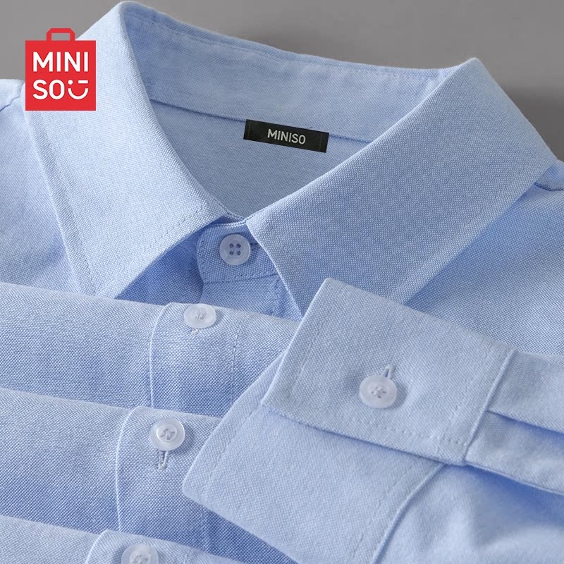MINISO/名创优品长袖衬衫男秋季牛津纺蓝色文艺韩版盐系翻领衬