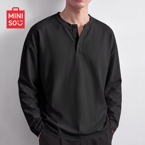MINISO/名创优品男生长袖秋季7A级抗菌T恤黑色大学生亨利套头衫A