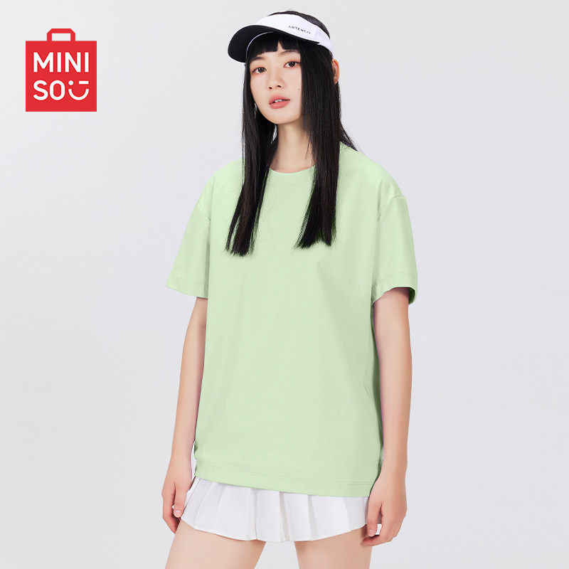 MINISO/名创优品正肩女t恤夏季chic多巴胺绿色小个子纯棉短袖潮A