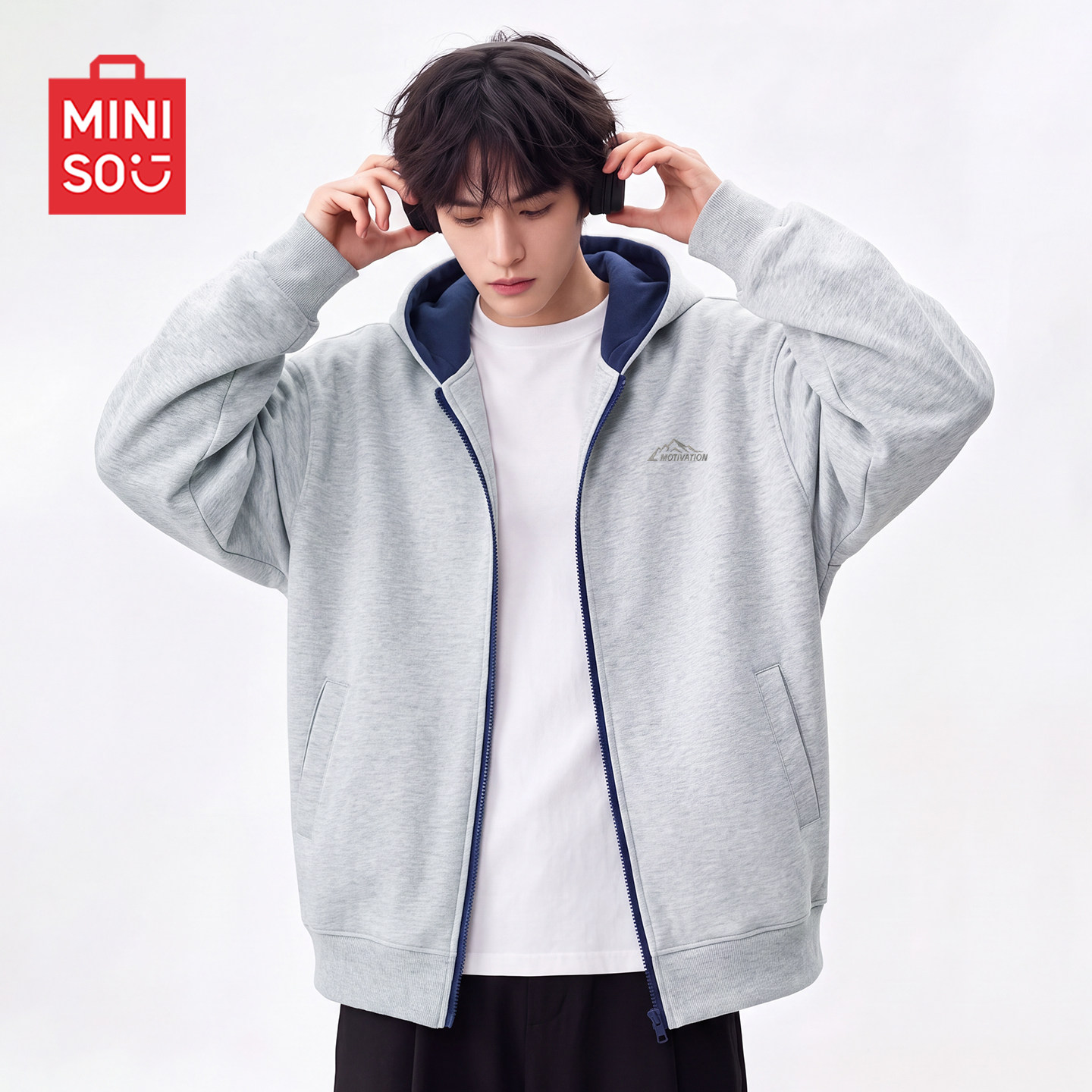 MINISO/名创优品撞色开衫卫衣男秋冬季加绒休闲宽松连帽外套潮Y