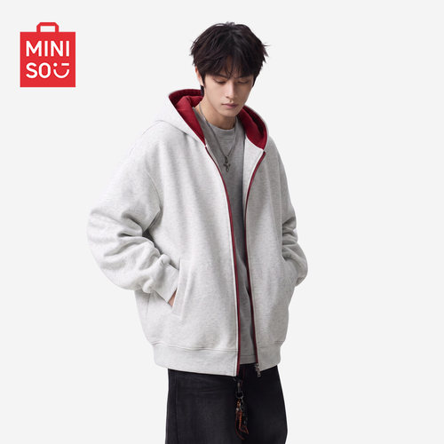 MINISO/名创优品撞色开衫卫衣男秋季连帽宽松百搭复古重磅外套潮Y