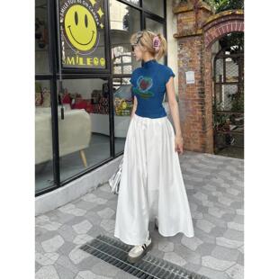 DOMX春秋季高腰白色半身裙大裙摆A字长裙显瘦显高伞裙垂感百褶裙