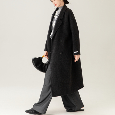 灰色双面羊绒大衣女中长款2025新款秋冬高级感小个子高端毛呢外套