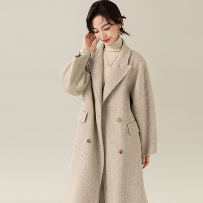 燕麦大衣女双面羊毛绒高级感慵懒赫本风秋冬季宽松中长款毛呢外套