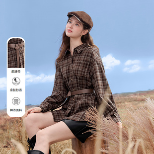 betu百图复古英伦风格子衬衫女长袖2025年秋季新款咖啡色格仔衫