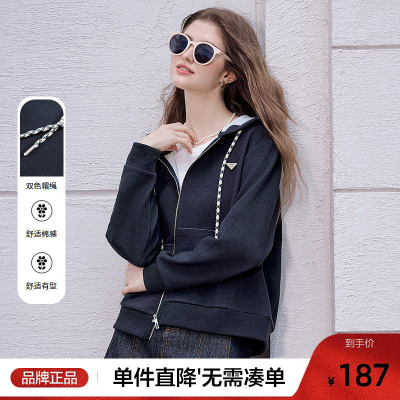 betu百图复古宝蓝色连帽卫衣外套女2025年秋季新款短款拉链夹克