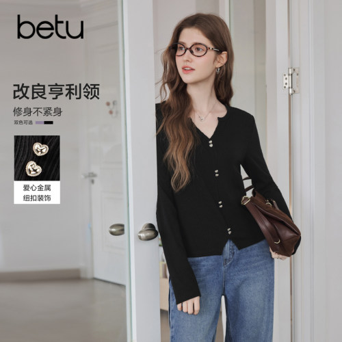 betu百图改良亨利领修身T恤女长袖2026年秋季新款百搭打底上衣