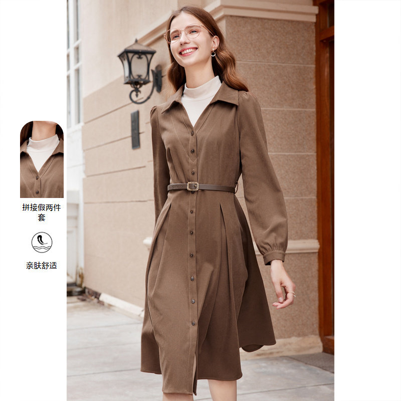 betu百图女装2025年冬季新款翻领收腰通勤中长款衬衫式连衣裙