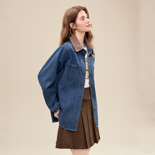 betu百图复古蓝色牛仔衬衣女长袖2025年冬季新款加绒衬衫外套