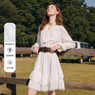 白色气质收腰裙 新款 betu百图法式 蕾丝荷叶边连衣裙女2026年春季