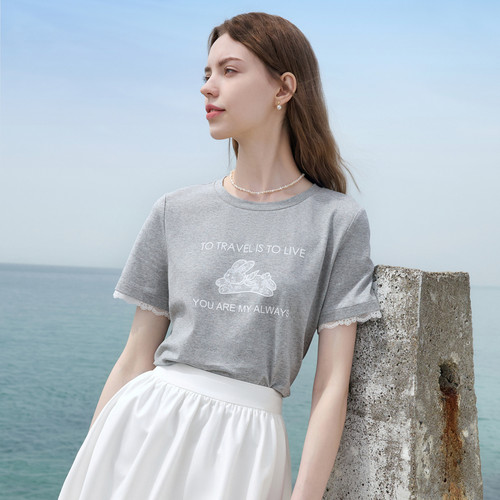 betu百图蕾丝边短袖灰色T恤女2026年夏季新款宽松圆领上衣小衫