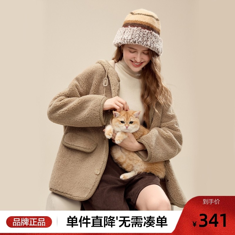 betu百图仿羊羔绒加厚连帽外套女2025年冬季新款拉链抓绒夹克