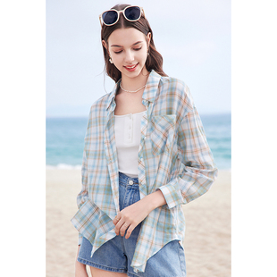 纯棉衬衣防晒衫 betu百图2025年夏季 女长袖 复古港味格子衬衫 新款