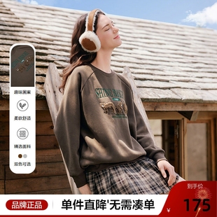 套头厚绒衫 新款 字母小熊提花加绒卫衣女2025年冬季 betu百图美式