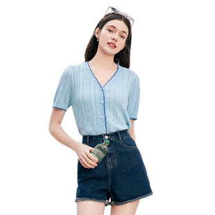 betu百图显瘦V领小开衫女短袖2026年夏季新款薄款修身针织上衣