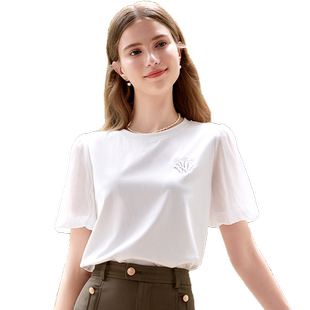 betu百图泡泡袖拼接衬衫女套头2026年夏季新款简约圆领纯色衬衣