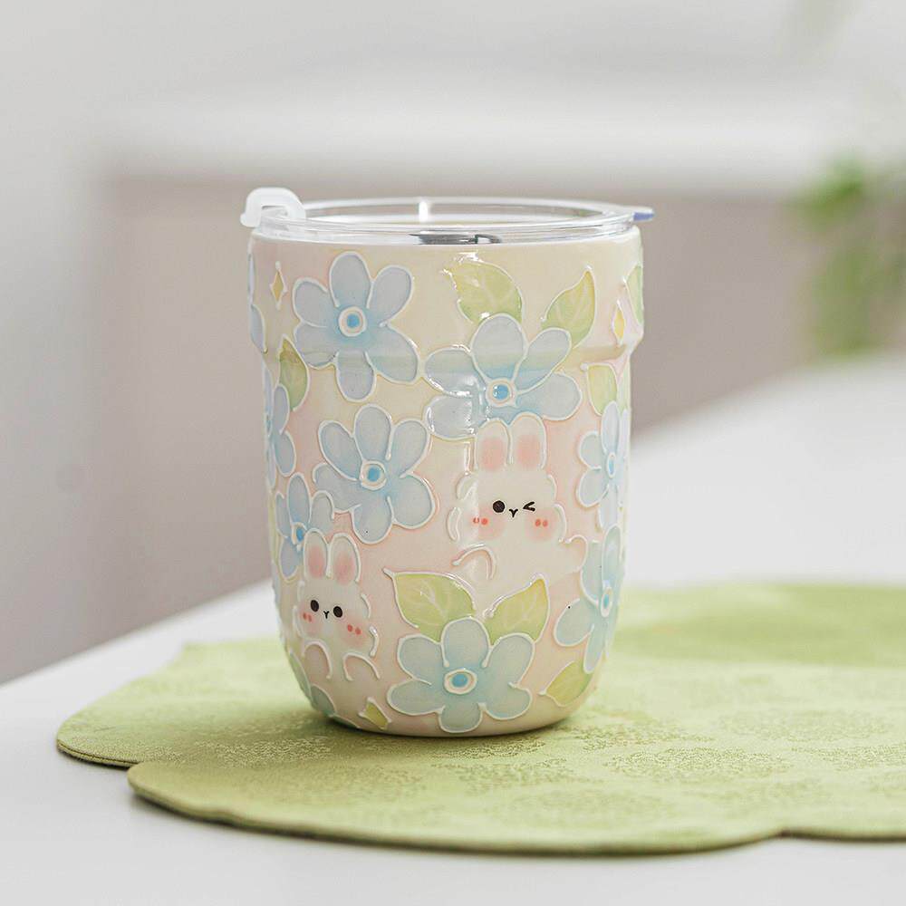 陶瓷带盖杯，手绘萌兔水杯，大容量吸管直饮杯，大肚皮杯，景德镇