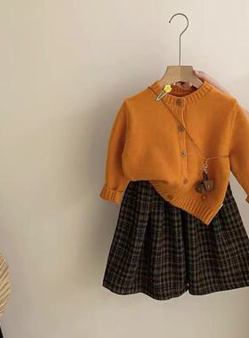 巨显白！女童韩系秋季开衫毛衣外套格子阔腿裤两件套31128