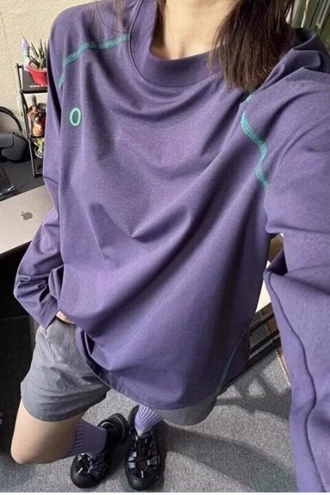 葡萄紫色速干运动套装女夏薄款网球服防晒长袖t恤骑行服漂流穿搭,男装T恤,星座513A