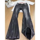 蓝色闪电纹牛仔裤男女款美式vibe修身直筒微喇裤水洗做旧弯刀裤子，男装牛仔裤，星座513A