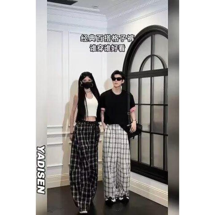 新款格子宽松休闲裤男韩版潮流百搭阔腿拖地长裤513CK2103P40,男装休闲裤,星座513A