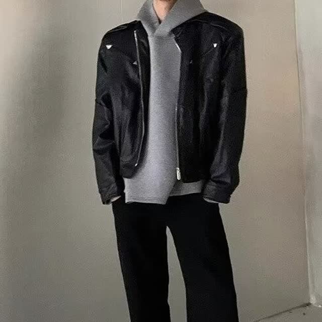 皮衣外套男新款美式潮牌宽松休闲垫肩夹克机车服513APY2316P77,男装皮衣,星座513A