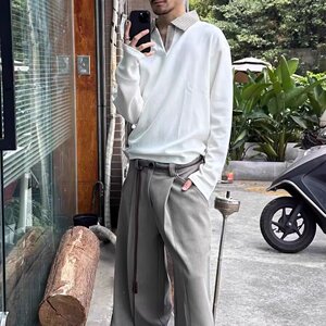 黑色老钱风千鸟格卫衣男秋季polo领长袖T恤空气层cleanfit打底衫图片