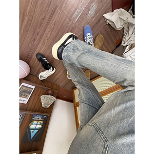 闪电竹节纹牛仔裤男款美式高街vibe裤子修身显腿长高腰提档微喇裤图片