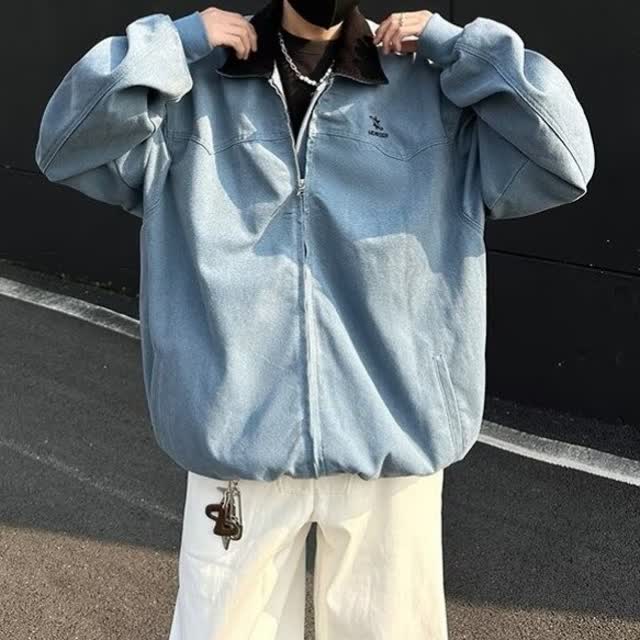 美式复古拼色翻领夹克水洗做旧宽松休闲外套513AJK2327P85,男装夹克,星座513A