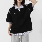 夏新条纹拼接假两件翻领Polo衫学院风宽松短袖T袖男513APL501P37，商品下架区，星座513A