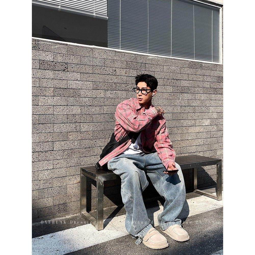 粉红色格子衬衫男款多巴胺穿搭外套春季日系复古休闲翻领长袖衬衣,男装衬衫,星座513A