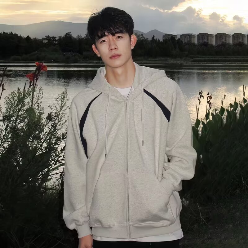 美式重磅连帽卫衣外套男潮牌宽松拼接撞色拉链开衫KS2211P49,女装短外套,星座513A