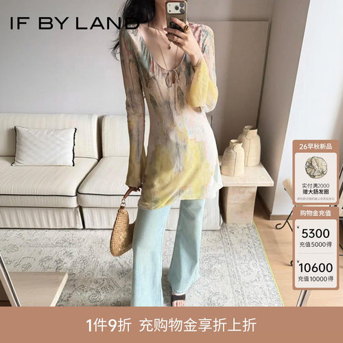 IF BY LAND 2026春夏新品多色雪纺墙壁印花喇叭袖短款长款连衣裙