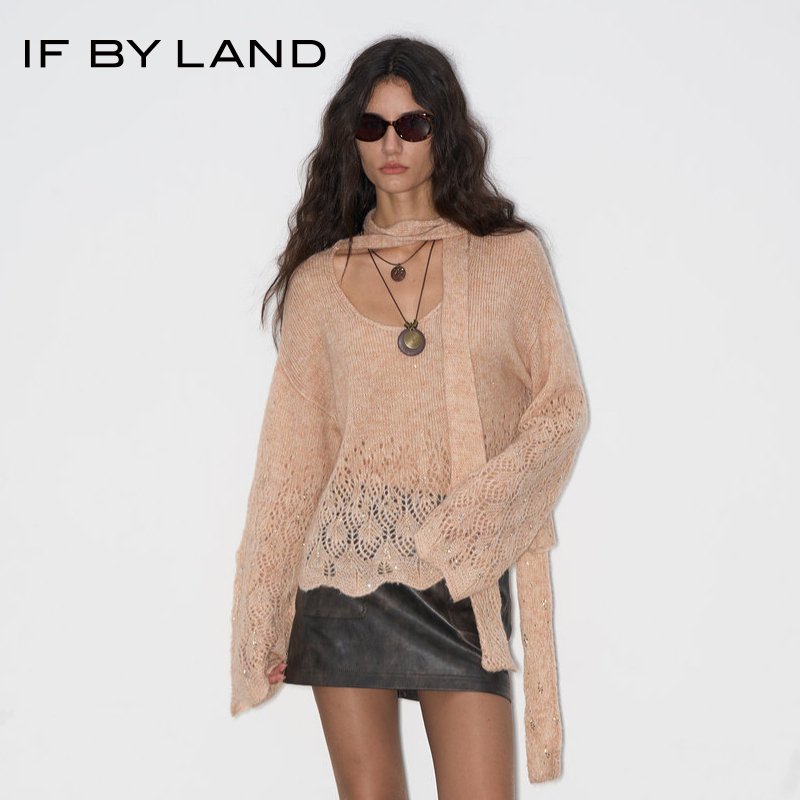 IF BY LAND 设计师品牌25秋季新款镂洞烫钻羊驼毛飘带上衣女