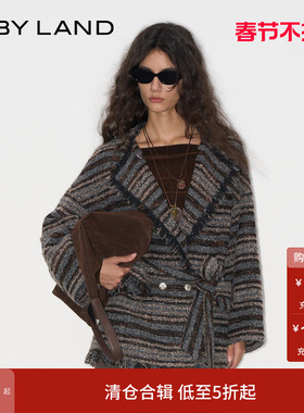 IF BY LAND 设计师品牌 2025秋季新款灰色腰带翻领粗花呢外套女