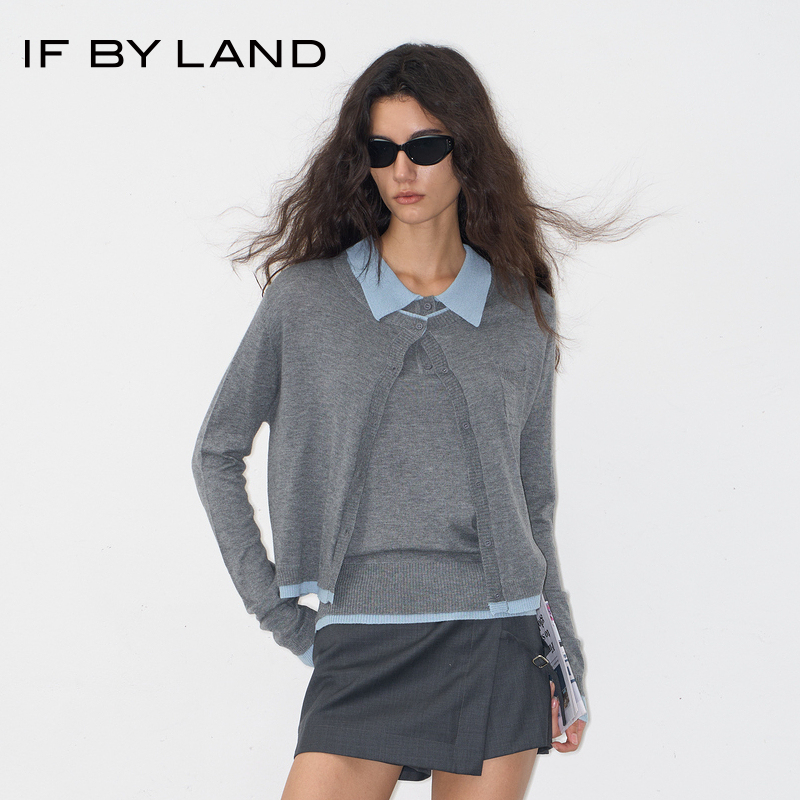 IFBYLAND撞色边灰色开衫上衣