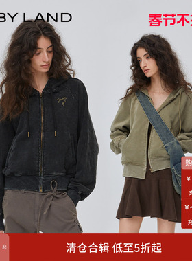 IF BY LAND 早秋新款绿色黑色蝴蝶结烫钻水洗复古拉链卫衣女
