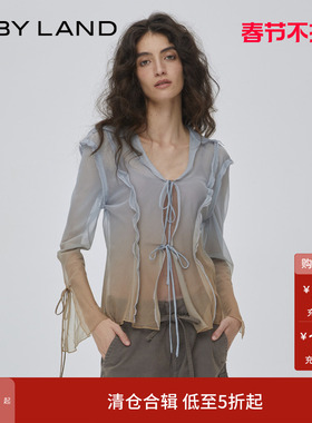 IF BY LAND秋季法式浪漫感蓝色渐变微卷荷叶边系带长袖衬衫女