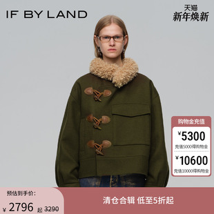设计师品牌早秋新款 LAND 军绿色牛角扣毛领短大衣女