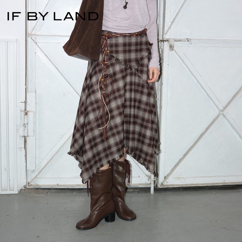 IFBYLAND不规则毛边格纹半身裙