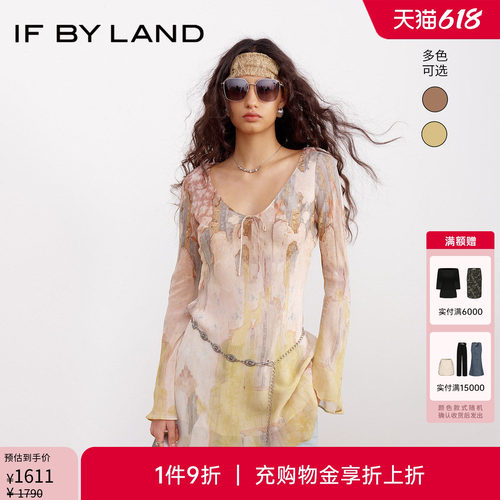 IF BY LAND 设计师品牌26春夏新品多色雪纺印花喇叭袖短款连衣裙